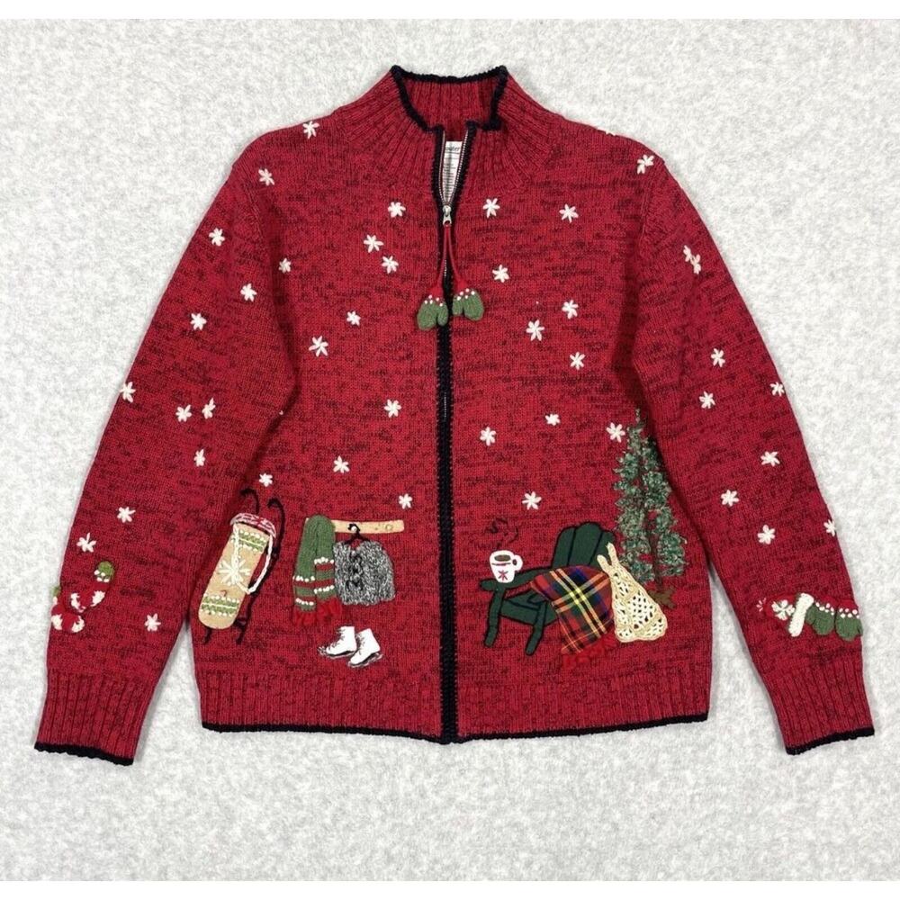 Coldwater Creek Red Holiday Christmas Embrodiered Zip Cozy Cabin Cardigan XL